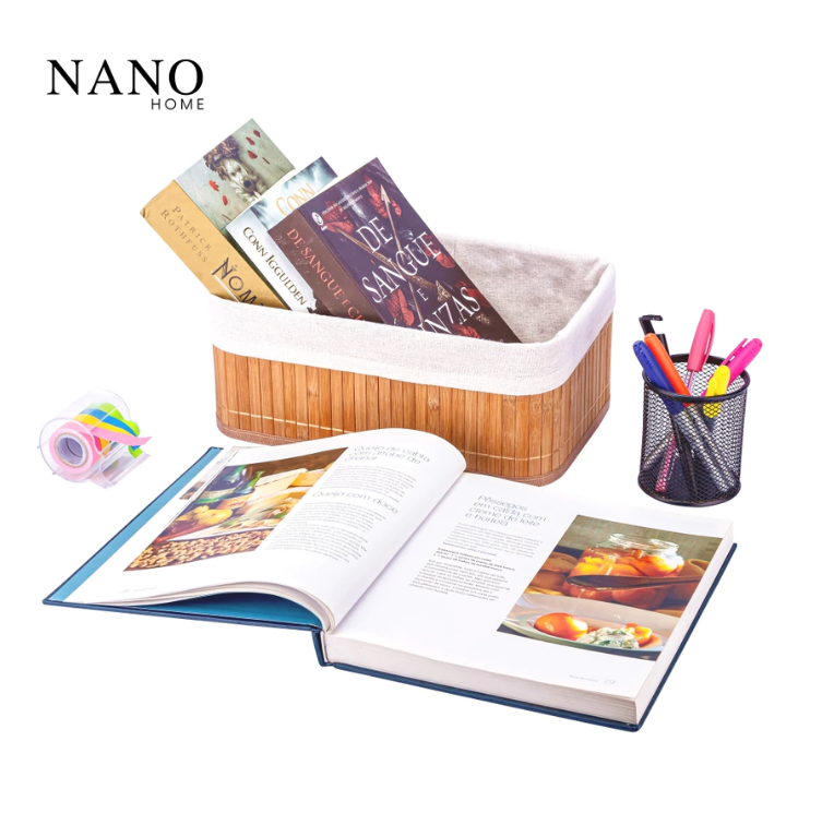 Jogo de Cestos Organizadores Bambu Natural Nano Home – 3 Peças Forradas