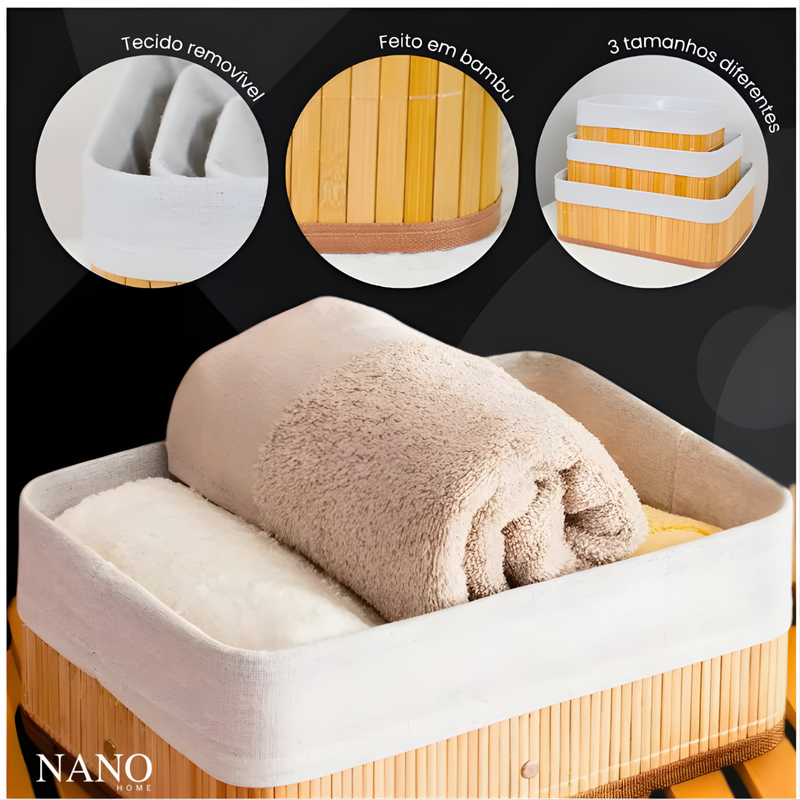 Kit 3 Cestos Organizadores de Bambu com Forro