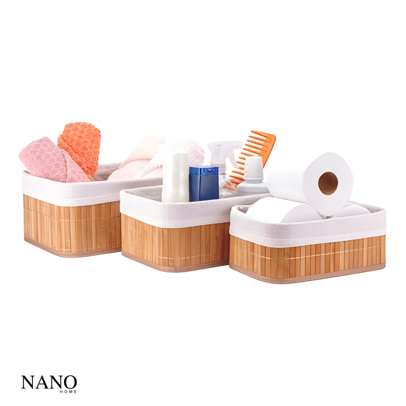 Kit 3 Cestos Organizadores de Bambu com Forro