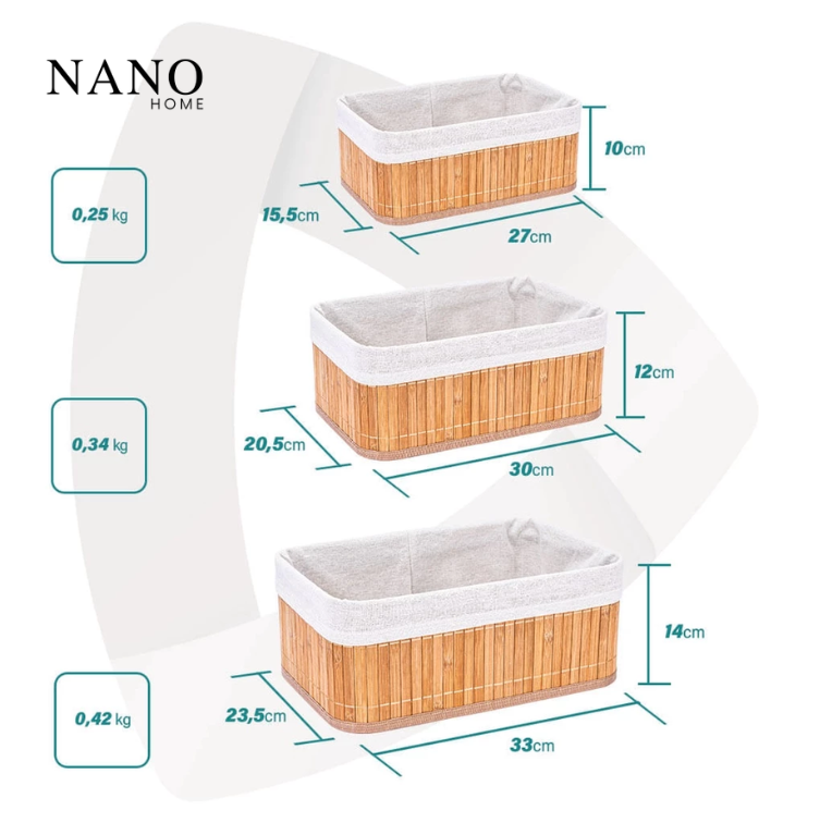 Jogo de Cestos Organizadores Bambu Natural Nano Home – 3 Peças Forradas