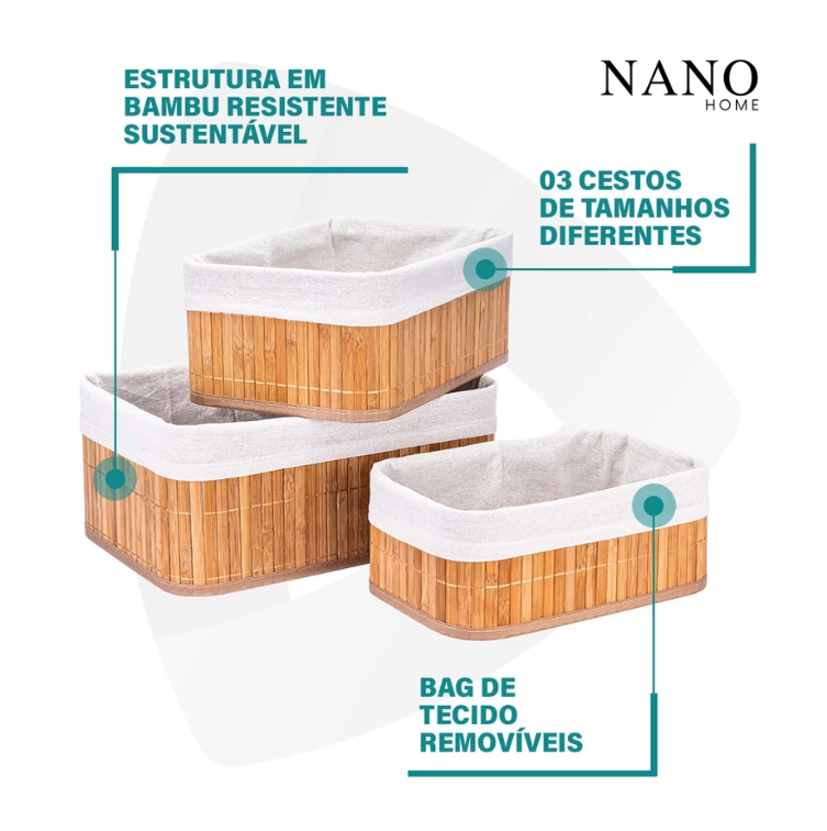 Jogo de Cestos Organizadores Bambu Natural Nano Home – 3 Peças Forradas