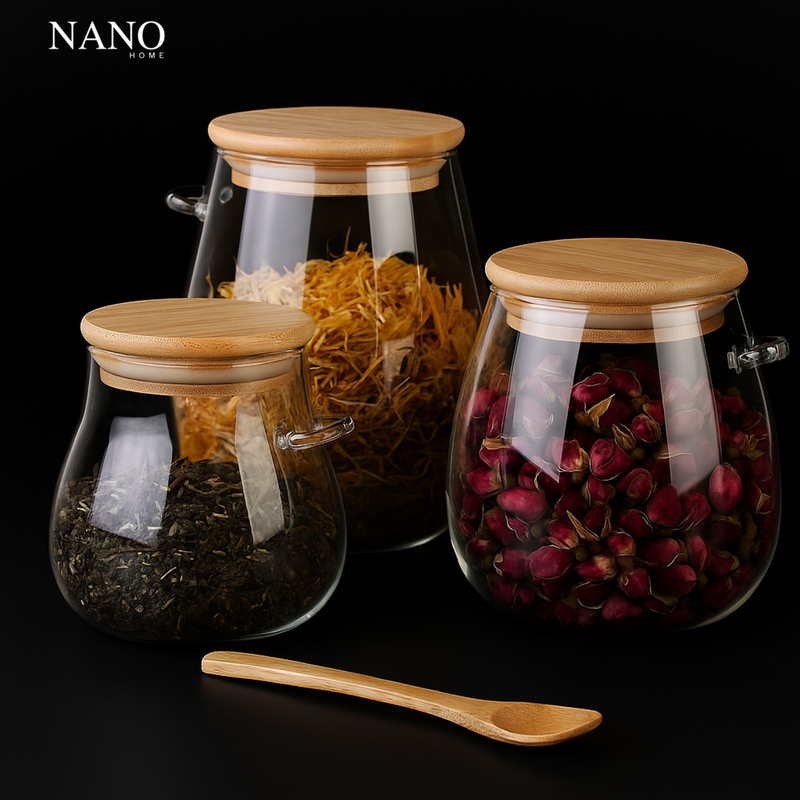 Kit 3 Potes Premium de Vidro Borossilicato com Tampa e Colher de Bambu