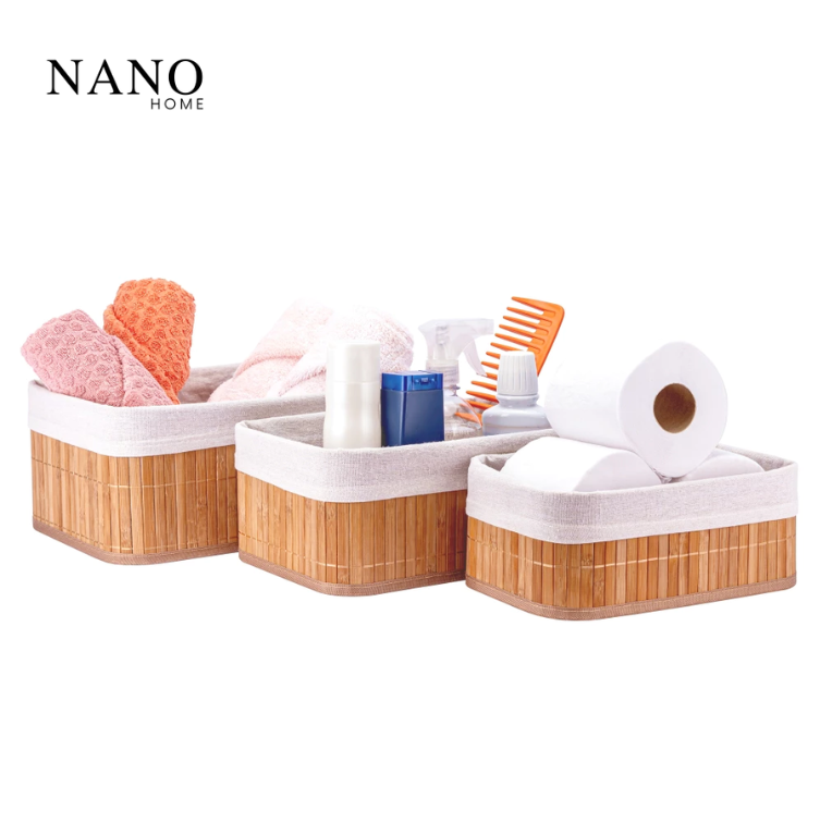Jogo de Cestos Organizadores Bambu Natural Nano Home – 3 Peças Forradas