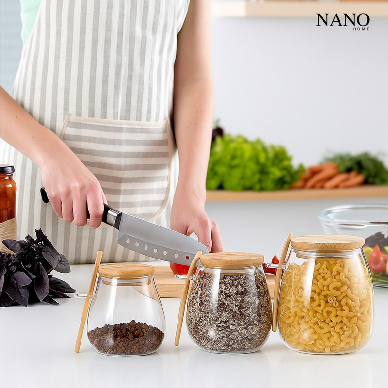 Kit 3 Potes Premium de Vidro Borossilicato com Tampa e Colher de Bambu