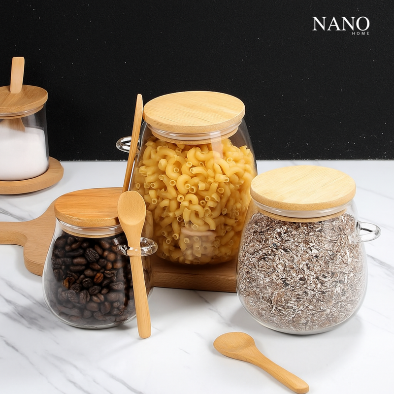 Kit 3 Potes Premium de Vidro Borossilicato com Tampa e Colher de Bambu