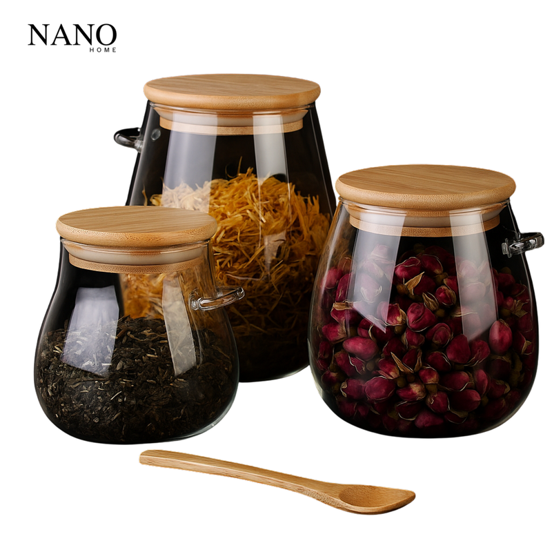 Kit 3 Potes Premium de Vidro Borossilicato com Tampa e Colher de Bambu