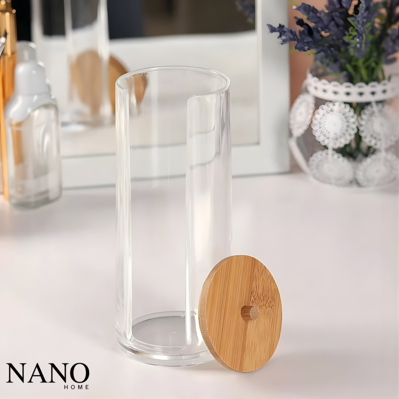 Kit Organizador Algodão e Cotonetes Acrílico Tampa de Bambú