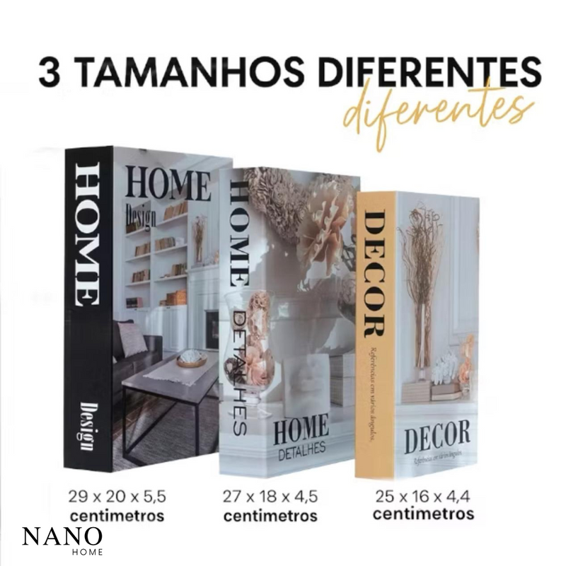Kit 3 Livros Decorativos Falsos – Porta-Objetos Discreto e Sofisticado