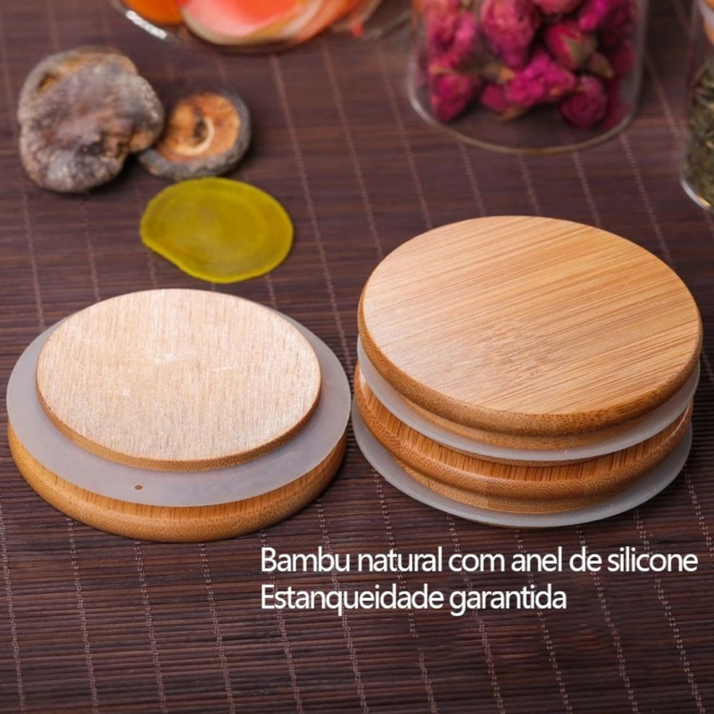 Kit Potes de Vidro  com Tampa em Bambu (200ml) Casa Splêndida [Pague 4 Leve 6]