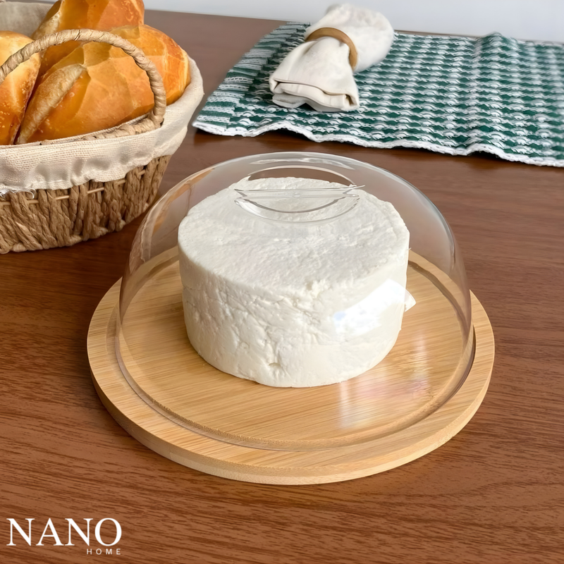 Porta Queijo com Tampa de Acrílico e Base em Bambu