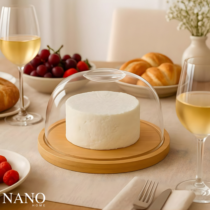 Porta Queijo com Tampa de Acrílico e Base em Bambu