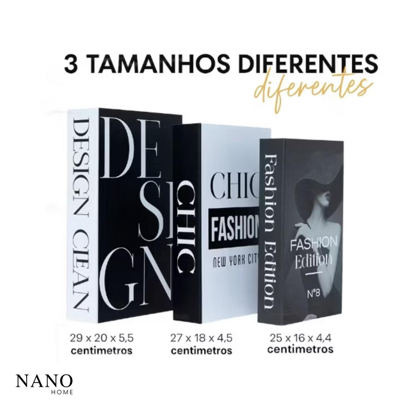 Kit 3 Livros Decorativos Falsos – Porta-Objetos Discreto e Sofisticado
