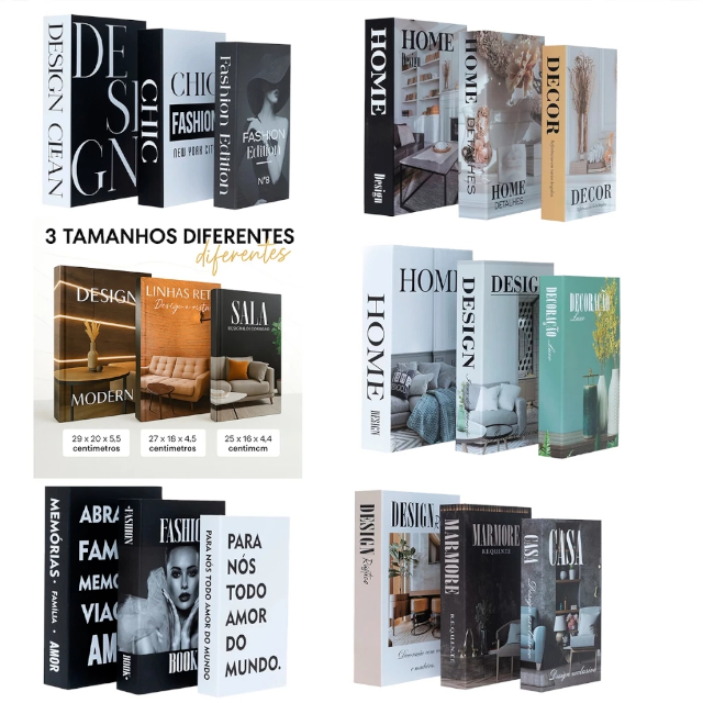 Kit Livro Falso 3 Caixas Fake Porta Objetos Decorativo Decoração Sala Quarto