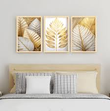 Kit com 3 Quadros Decorativos - Folhagem Dourada